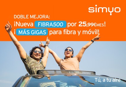 Doble mejora en simyo: ¡Nueva Fibra500 por 25,99€! ¡Más gigas para fibra y móvil! Doble mejora en simyo: ¡Nueva Fibra500 por 25,99€! ¡Más gigas para fibra y móvil!