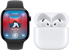 Apple Watch Series 11, caja de titanio en color pizarra, correa deportiva en color negro, app Apple Music abierta, enlazado a unos AirPods 4