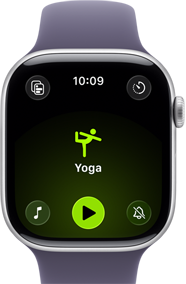 Apple Watch Series 11, caja de aluminio color plata, entreno de Yoga en pantalla, lateral derecho: Digital Crown, correa deportiva color niebla lila