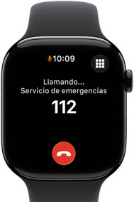 Apple Watch Series 11, caja de aluminio color negro azabache, llamada de emergencia en pantalla, lateral derecho: Digital Crown, correa deportiva color negro