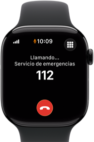Apple Watch Series 11, caja de aluminio color negro azabache, llamada de emergencia en pantalla, lateral derecho: Digital Crown, correa deportiva color negro