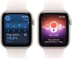 Dos Apple Watch SE 3 con caja de aluminio color blanco estrella y la app Constantes Vitales en pantalla