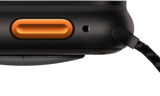 Apple Watch Ultra 3, color negro, caja de titanio, sensor convexo en la parte trasera, lateral izquierdo, altavoz/salida de aire, botón Acción, micrófono