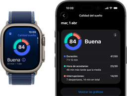 Apple Watch Ultra 3, caja de titanio en color natural, pantalla de Calidad del Sueño, desglose en gráfico circular, puntuación en el centro, correa Loop Trail en color azul