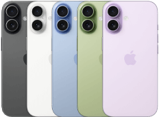 iPhone 17, parte trasera, sistema de cámara dual Fusion, los cinco colores superpuestos: negro, blanco, verde salvia, azul neblina y lavanda