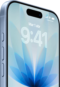 iPhone 17, parte delantera, color azul neblina, Dynamic Island centrada, botones: Acción, volumen