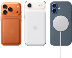 iPhone 17 Pro, parte trasera, color naranja cósmico, con funda de silicona en color siena y cartera de trenzado fino con MagSafe en color naranja zorro; iPhone Air, parte trasera, color blanco nube, con batería Magsafe; iPhone 17, parte trasera, color azul neblina, con funda de silicona en color azul náutico y cargador MagSafe
