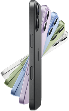 iPhone 17, parte exterior, cinco colores: negro, lavanda, azul neblina, verde salvia y blanco.