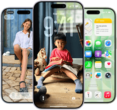 iPhone 17, parte delantera, Dynamic Island centrada en el extremo superior, tres colores: azul neblina, lavanda, verde salvia