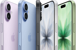 iPhone 17, parte delantera, parte trasera, parte lateral, cinco colores: lavanda, azul neblina, negro, blanco y verde salvia.