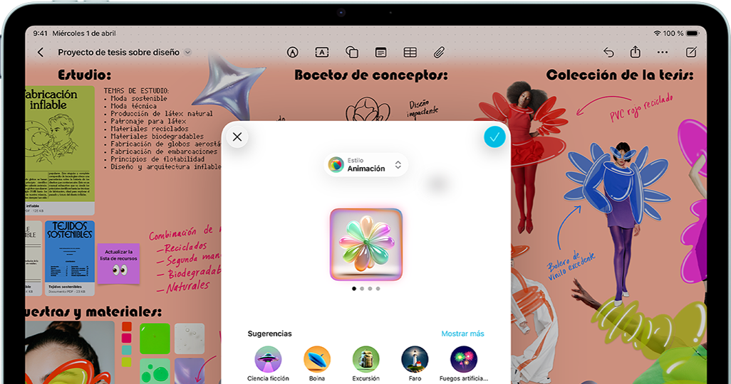 iPad Air, parte delantera exterior, posición horizontal, botón para subir el volumen, botón para bajar el volumen, botón de encendido, la pantalla muestra la interfaz de una app a todo color con varios iconos