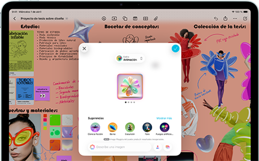 iPad Air, parte delantera exterior, posición horizontal, botón para subir el volumen, botón para bajar el volumen, botón de encendido, la pantalla muestra la interfaz de una app a todo color con varios iconos