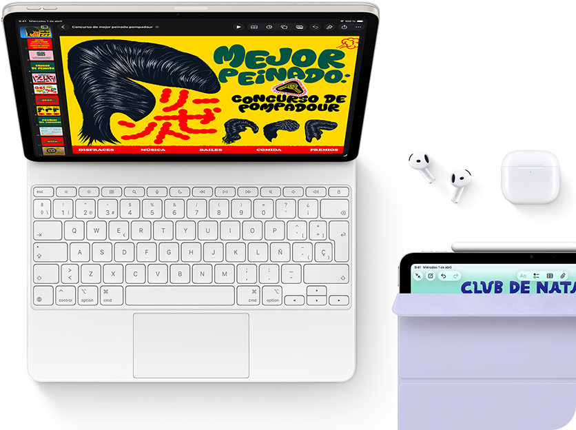 iPad Air, blanco estrella, gráficos a todo color en la pantalla, acoplado a un Magic Keyboard, junto a unos AirPods Pro y un Apple Pencil Pro
