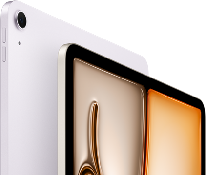 iPad Air, color púrpura, parte delantera exterior, parte trasera exterior, gran angular trasero de 12 Mpx en la esquina superior izquierda