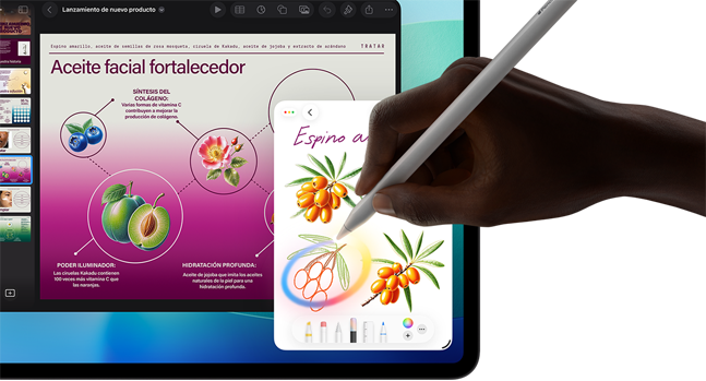 iPad Pro, parte delantera exterior, pantalla con un fondo degradado de azul oscuro a verde que muestra varias apps abiertas, una mano sujeta un Apple Pencil Pro y hace un círculo alrededor de un boceto e ilustra la prestación Varita Gráfica de Apple Intelligence