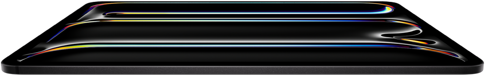 iPad Pro, parte delantera exterior, color negro espacial, carcasa de aluminio y vidrio, diseño ultrafino, inclinado hacia atrás, la pantalla muestra un dibujo multicolor