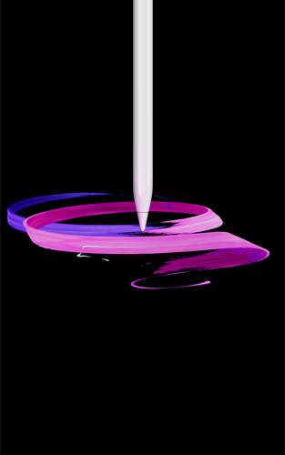 Apple Pencil Pro, parte delantera exterior, posición vertical, lateral exterior, color blanco, diseño de un dibujo abstracto de cintas moradas y rosas