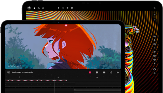 iPad Pro de 11 y 13 pulgadas, parte delantera exterior, posición horizontal, color negro espacial, esquinas redondeadas, borde de la pantalla negro, la pantalla de 11 pulgadas muestra una imagen a todo color de un personaje de animación pelirrojo, la pantalla de 13 pulgadas muestra una interfaz de edición de fotos con elementos de muchos colores 