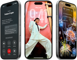Tres modelos de iPhone 17 Pro, parte delantera, en superposición, demostración de iOS 26, efecto Liquid Glass y prestación Apple Intelligence
