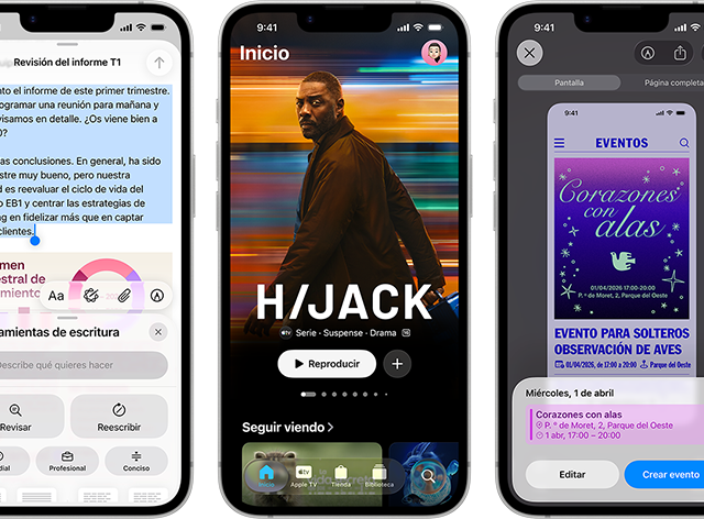 Varios iPhone 17e uno al lado del otro que muestran distintas pantallas: un juego, Herramientas de Escritura, la app Apple TV, la creación de un evento en el calendario y la creación de un Genmoji