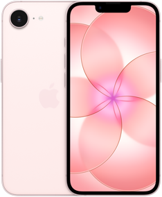 Dos iPhone 17e uno al lado del otro, parte trasera, color rosa palo, sistema de cámara Fusion en la parte superior izquierda, iPhone 17e, parte delantera, diseño de borde a borde